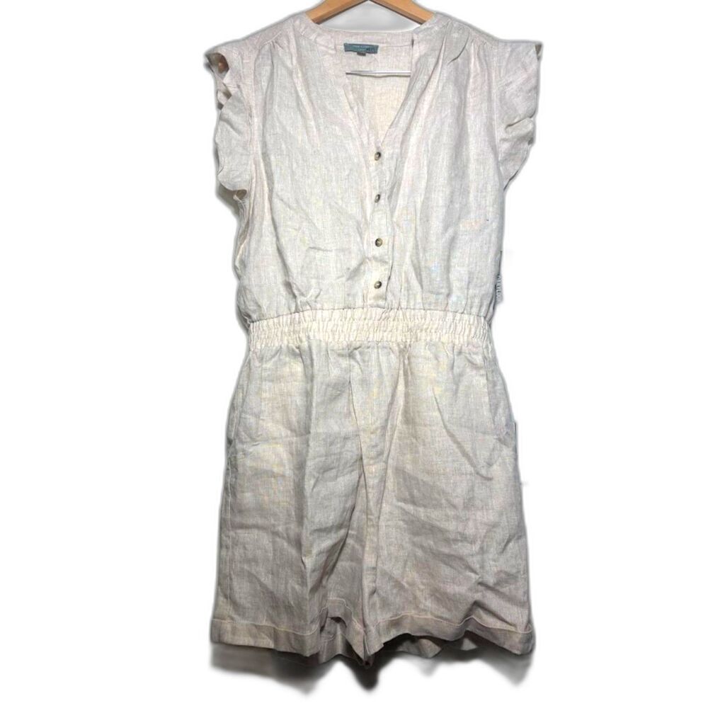 Grade & Gather Romper Women's Size Large Ivory Linen Shorts Ruffle Sleeve Spring